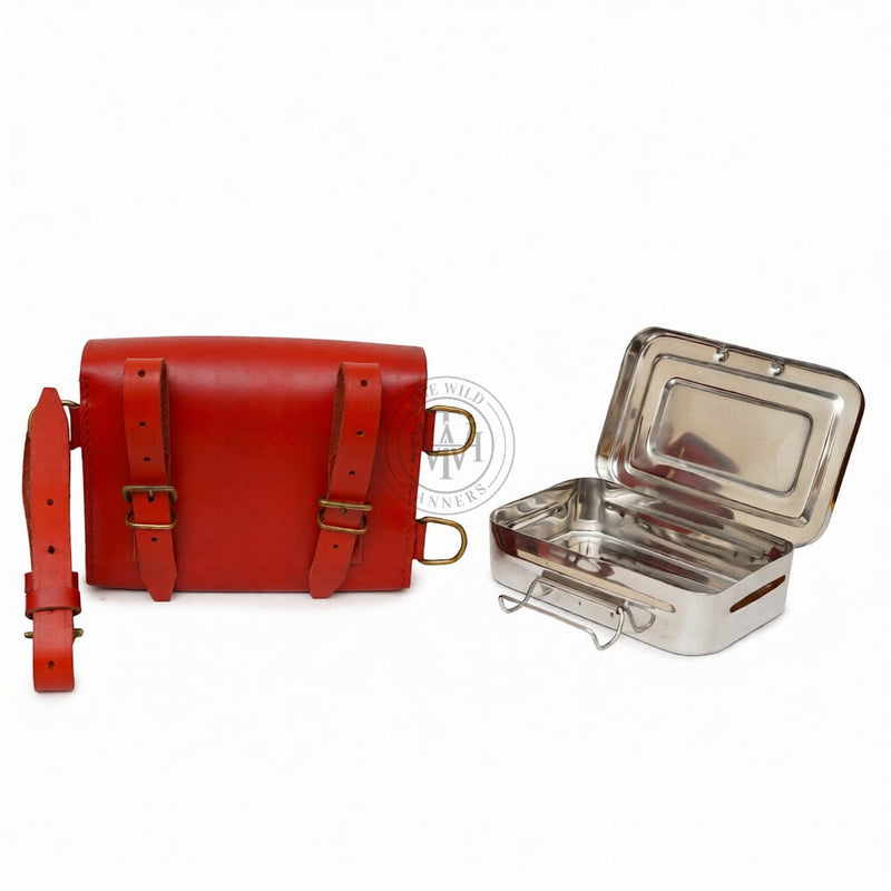 sandwich tin with leather case, sandwich tin, hunting sandwich tin