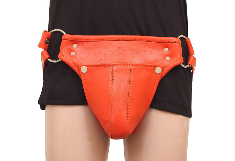 orange leather jockstrap, removable cod piece jockstrap, adjustable leather underwear, bold leather jockstrap