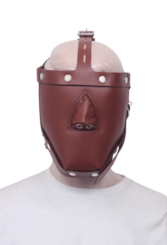 brown leather muzzle, bondage muzzle mask, BDSM leather gag, adjustable leather muzzle, fetish restraint gear