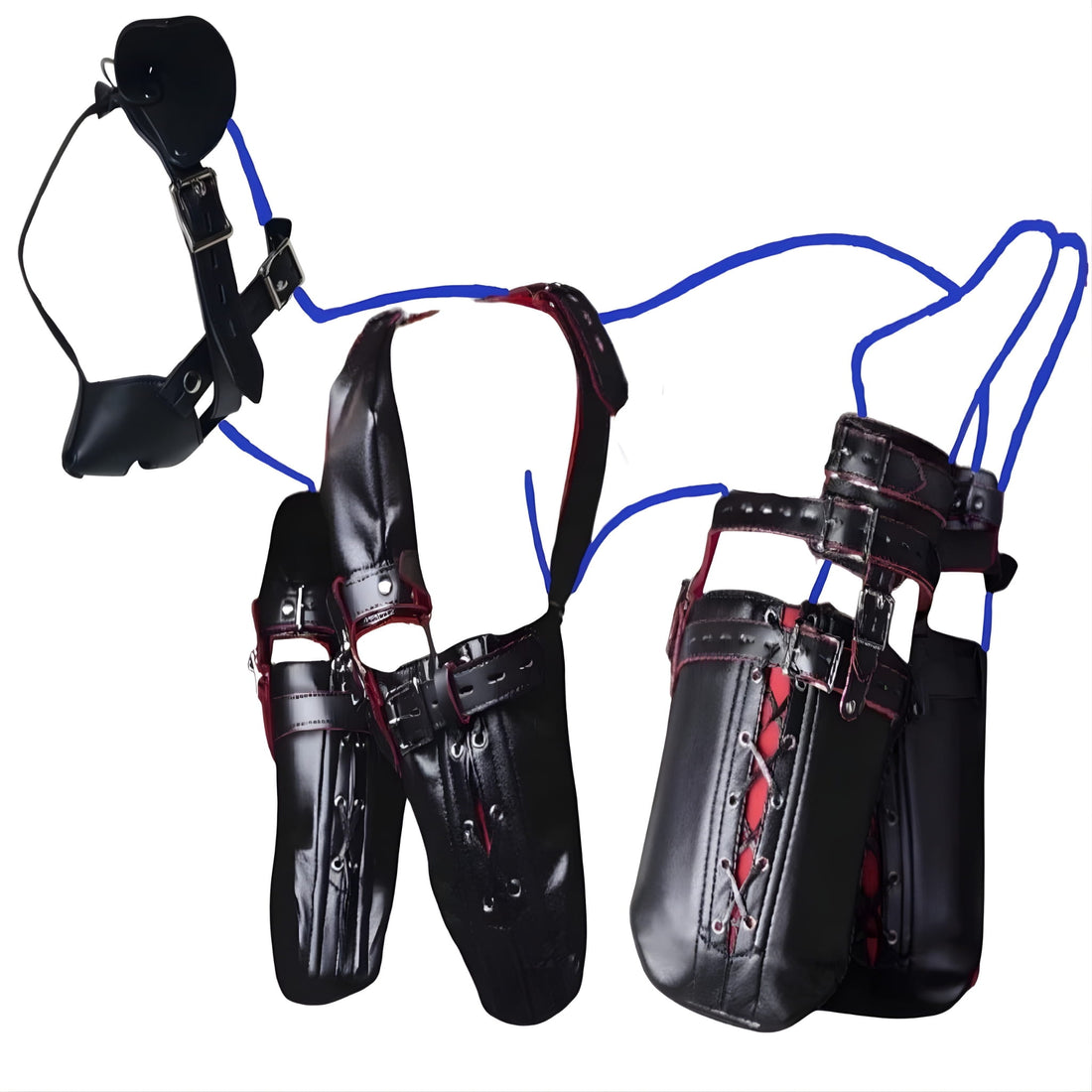 A male model wearing a black strappy harness-style outfit with blue cords, red lace-up details, and a black face mask, shown from front and back with four inset detail views on a white background.