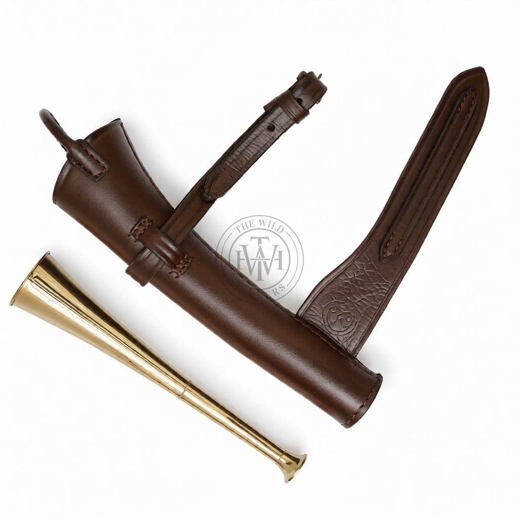 Plain Brass Fox Hunting Horn with Leather Case, view 2