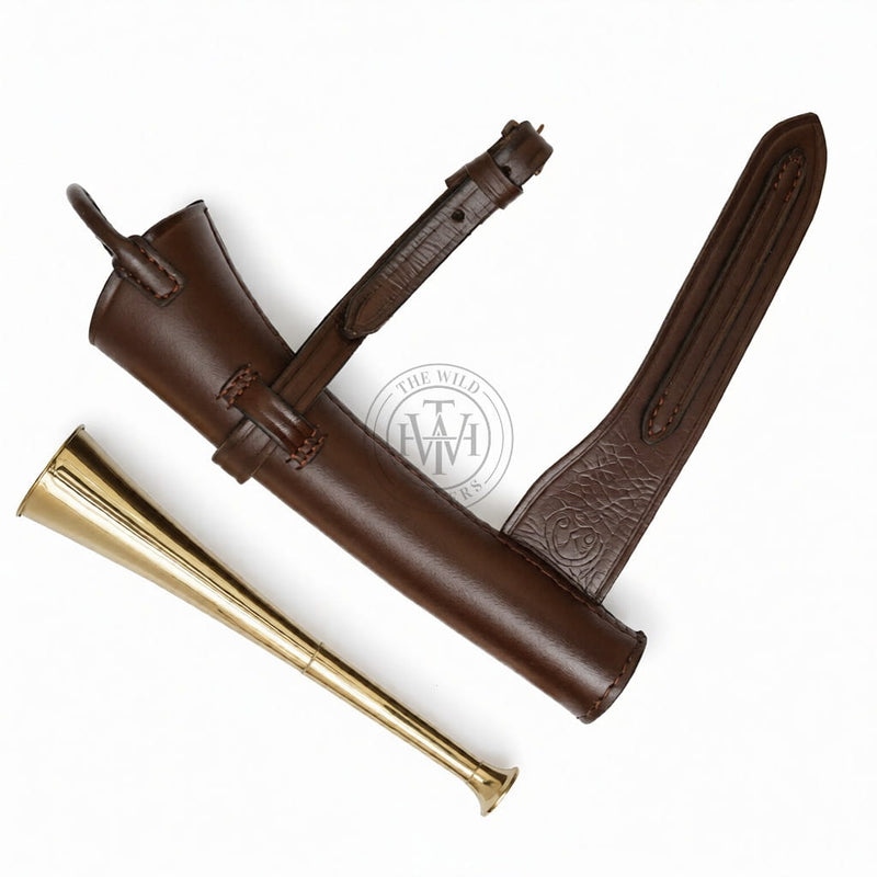 hunting horn, fox hunting horn, fox hunting horn with leather case, plain brass horn, plain brass horn with leather case, fox hunting horn for sale, Fox Hunting Horn