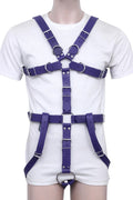 purple leather harness, cock ring harness, bdsm leather harness, adjustable men’s harness, leather cock ring harness