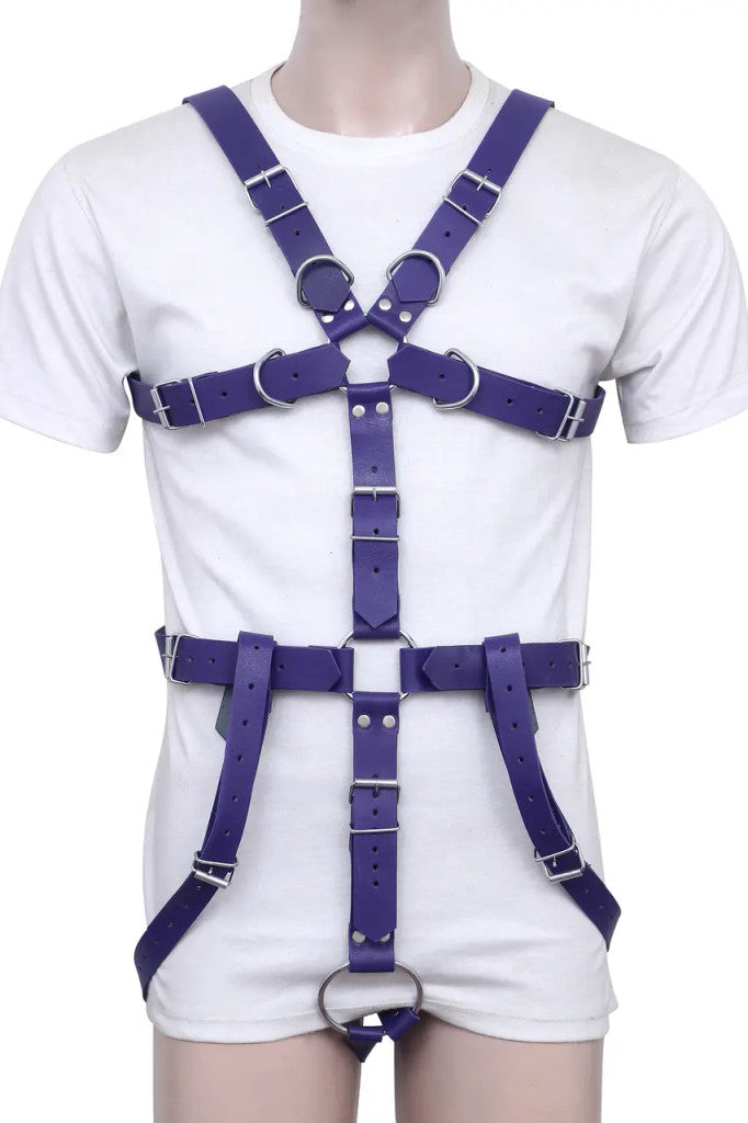 purple leather harness, cock ring harness, bdsm leather harness, adjustable men’s harness, leather cock ring harness