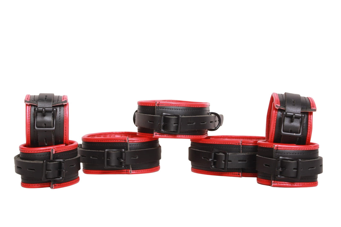 leather bondage handcuffs, BDSM cuffs set, adjustable leather cuffs, D-ring restraints