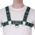 green leather harness, adjustable men’s harness, bdsm chest harness, gay leather harness, padded harness straps, leather gay mens harness