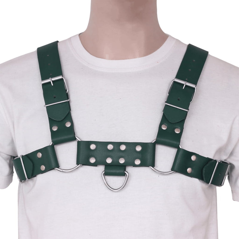 green leather harness, adjustable men’s harness, bdsm chest harness, gay leather harness, padded harness straps, leather gay mens harness