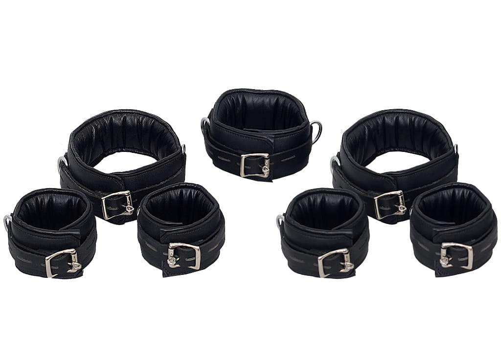 leather bondage handcuffs, 7 piece cuffs set, BDSM restraints, padded leather cuffs