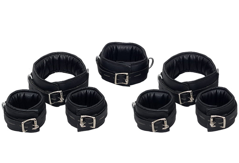 leather bondage handcuffs, 7 piece cuffs set, BDSM restraints, padded leather cuffs