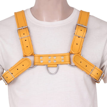 gay mens leather harness with shoulder roller buckles