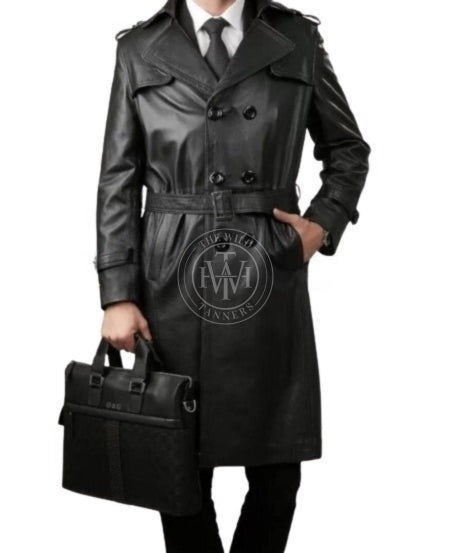 Genuine Leather Long Trench Coat