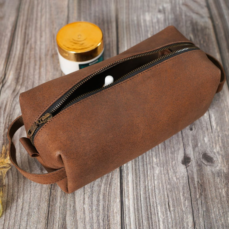 leather toiletry bag, brown toiletry bag