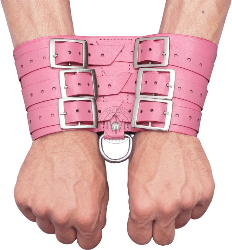 pink leather cuffs, kinky handcuffs, BDSM restraints, adjustable cuffs, bondage gear