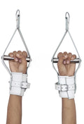 leather wrist suspension cuffs, padded wrist cuffs, BDSM suspension restraints, adjustable leather cuffs, heavy-duty D-ring cuffs