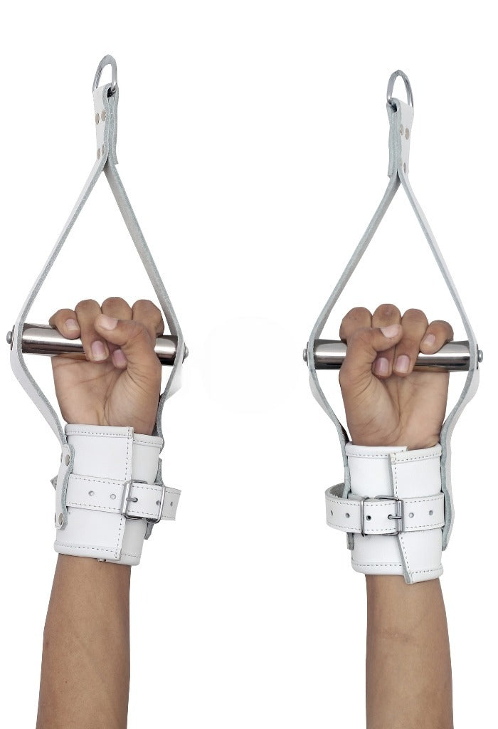 leather wrist suspension cuffs, padded wrist cuffs, BDSM suspension restraints, adjustable leather cuffs, heavy-duty D-ring cuffs