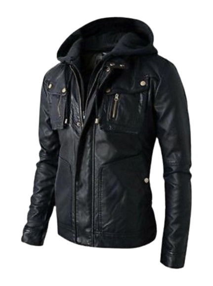Classic Leather Jacket With Hoodie