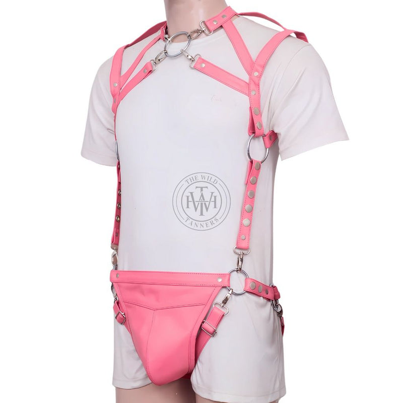 pink leather harness, BDSM chest harness, adjustable men’s harness, leather O-ring harness