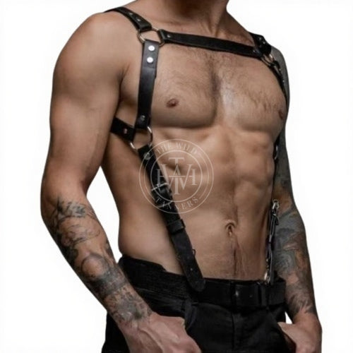 leather mens harness suspenders with clip connectors