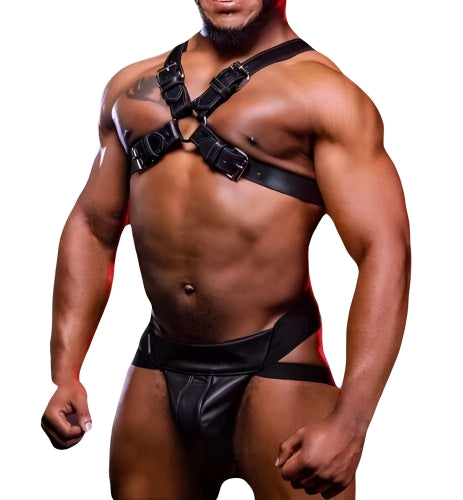 leather harness with elastic jockstrap set for men