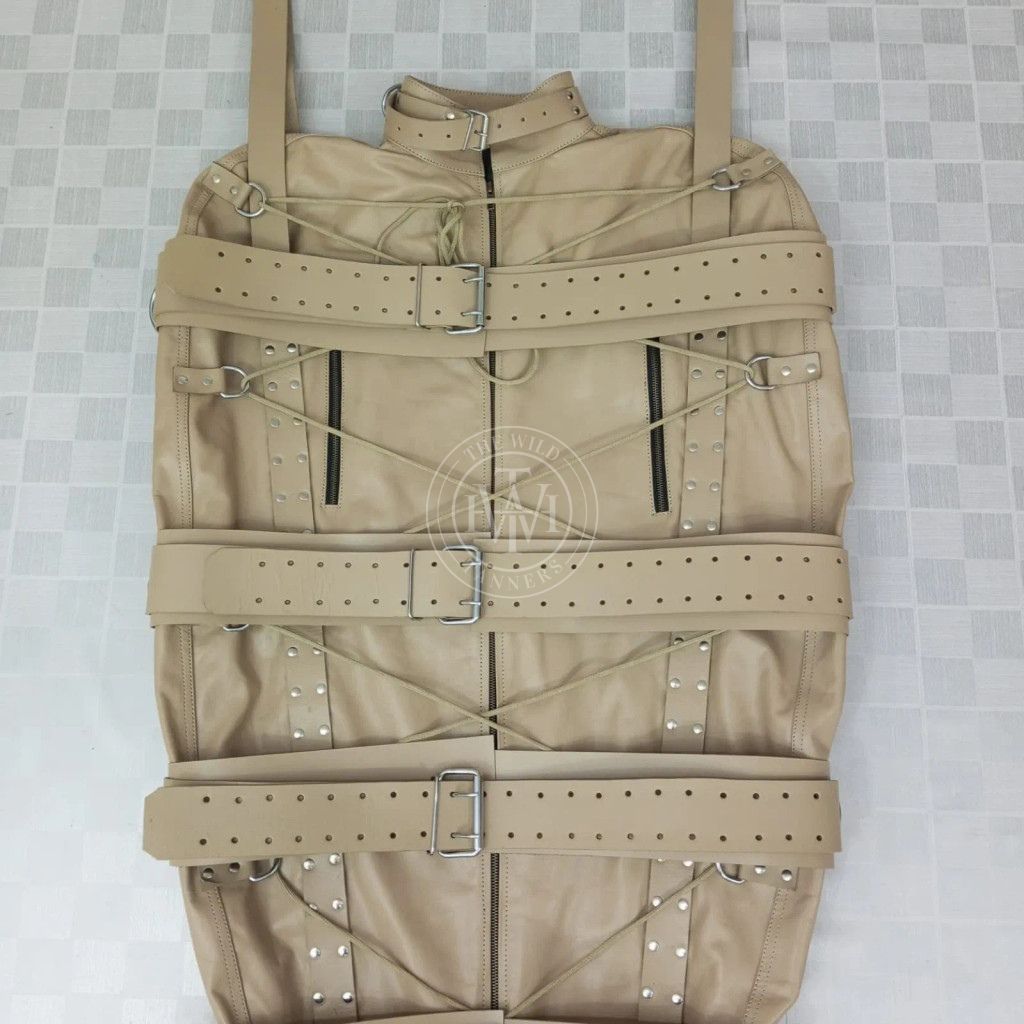 leather bondage sleepsack, full-body leather restraint, BDSM sleepsack, adjustable leather sleepsack