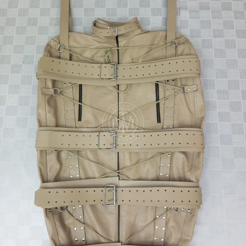 leather bondage sleepsack, full-body leather restraint, BDSM sleepsack, adjustable leather sleepsack
