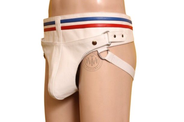 white leather jockstrap, adjustable leather underwear, BDSM jockstrap, men’s leather jockstrap