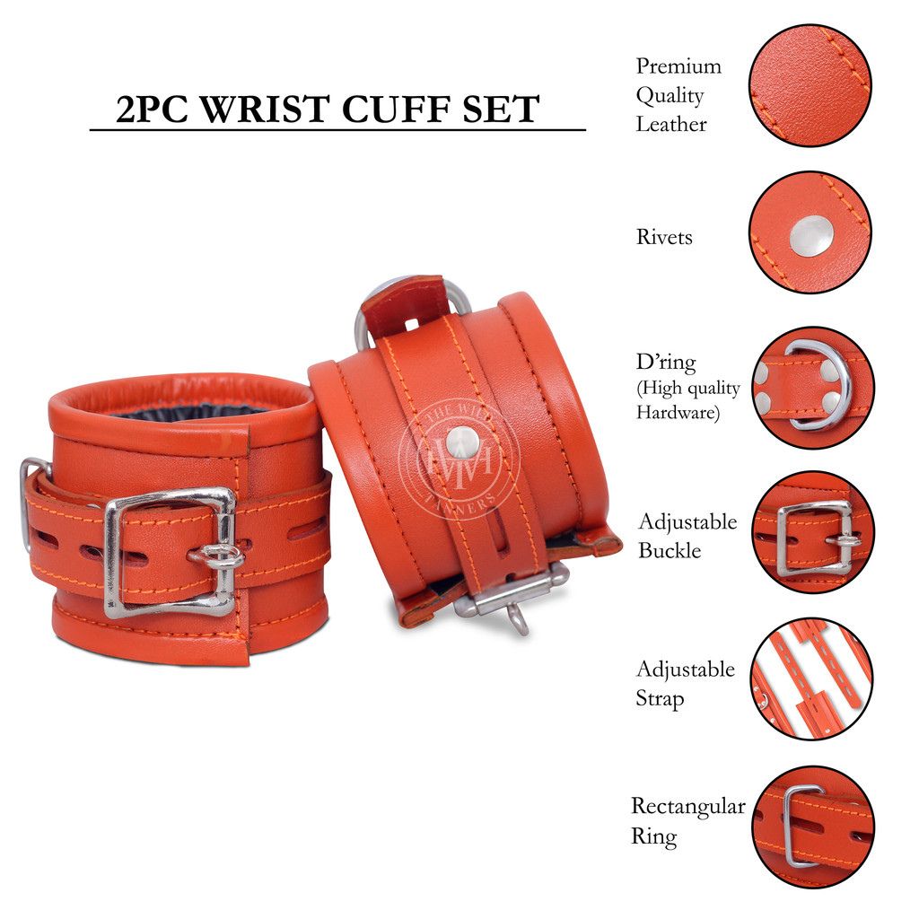 7 Pcs Orange Leather Bondage Handcuffs Set Unisex, view 8