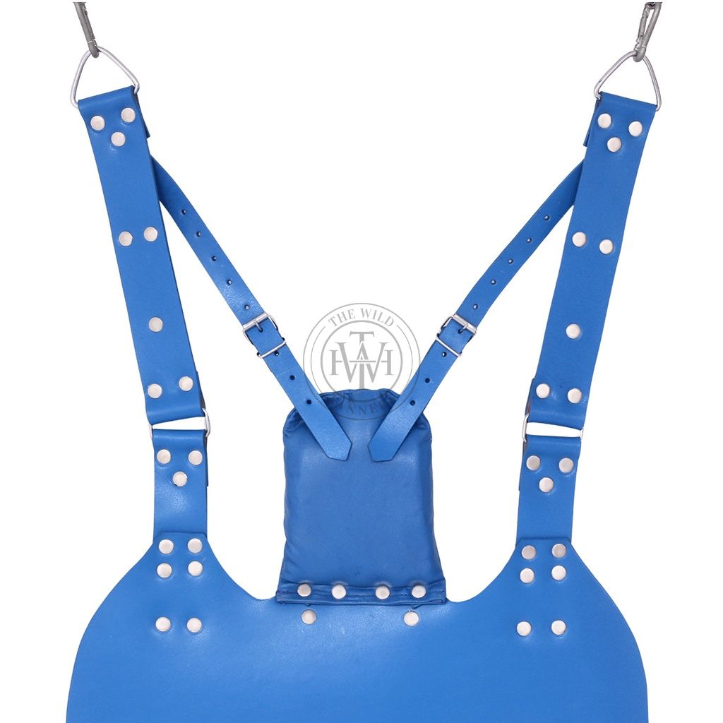 leather sex sling, BDSM sling, dual stirrups, suspension swing, blue leather sling