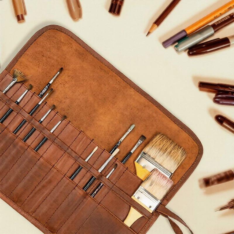 leather artist roll, paintbrush roll