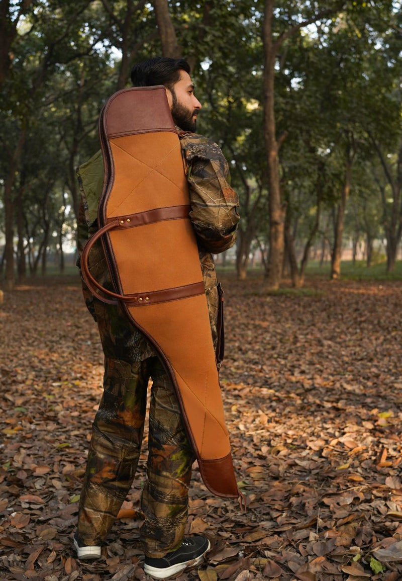 canvas rifle case, canvas leather rifle case, tan and brown leather canvas rifle case