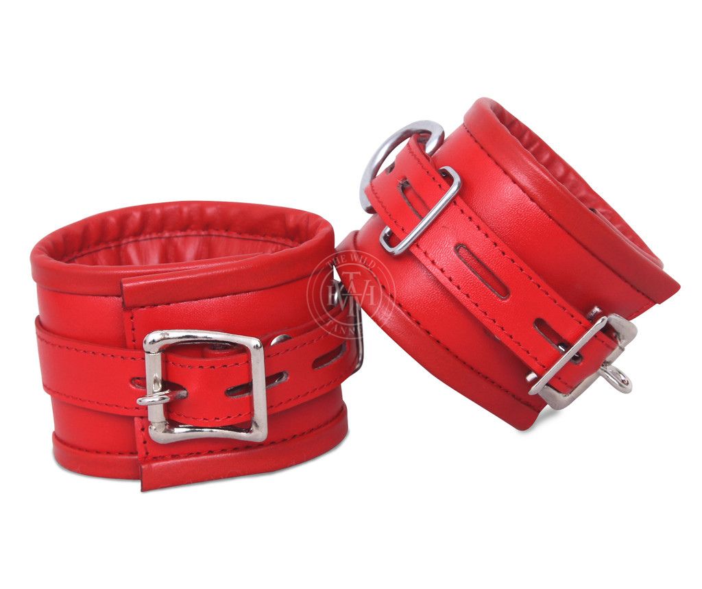 red leather handcuffs, bondage cuffs, adjustable leather restraints