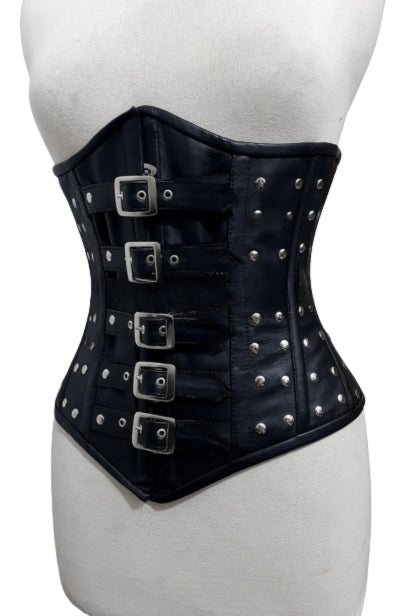 Genuine leather bondage corset with heavy-duty waist restraint
