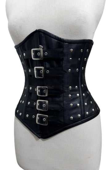 Genuine leather bondage corset with heavy-duty waist restraint