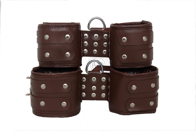 brown leather cuffs, ankle and wrist restraints, suspension cuffs, bondage gear, adjustable cuffs