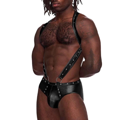 leather body harness with jockstrap & studded straps