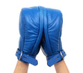 blue locking mittens, leather bondage gloves, BDSM mittens