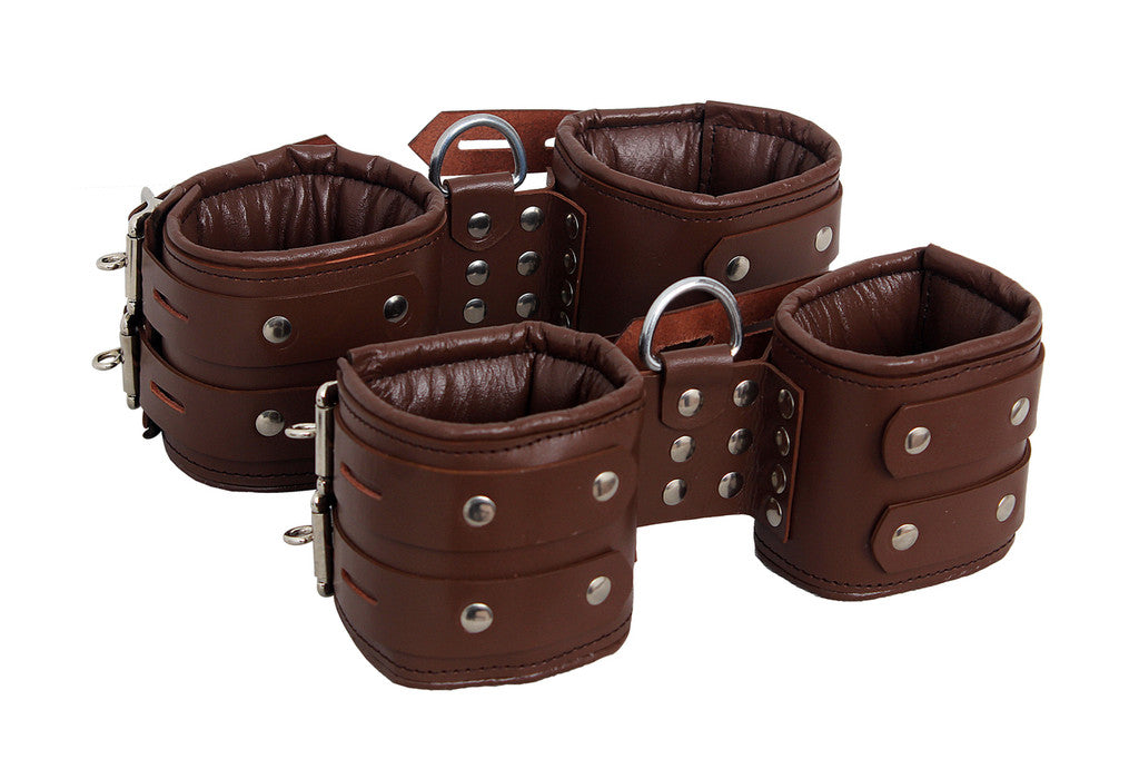 brown leather cuffs, ankle and wrist restraints, suspension cuffs, bondage gear, adjustable cuffs