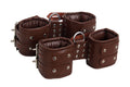 brown leather cuffs, ankle and wrist restraints, suspension cuffs, bondage gear, adjustable cuffs