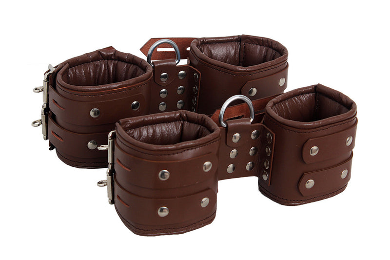 brown leather cuffs, ankle and wrist restraints, suspension cuffs, bondage gear, adjustable cuffs