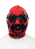 leather bondage hood, BDSM hood, padded leather hood, adjustable leather restraint