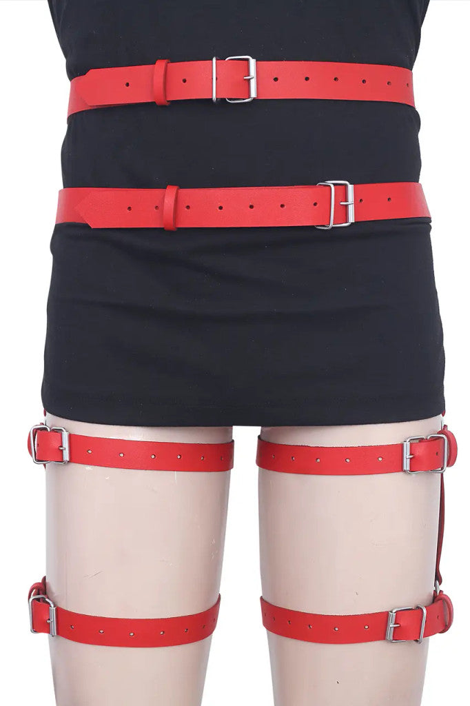 waist to thigh harness, red leather harness, adjustable bondage harness, leather leg harness, leather leg harness belt