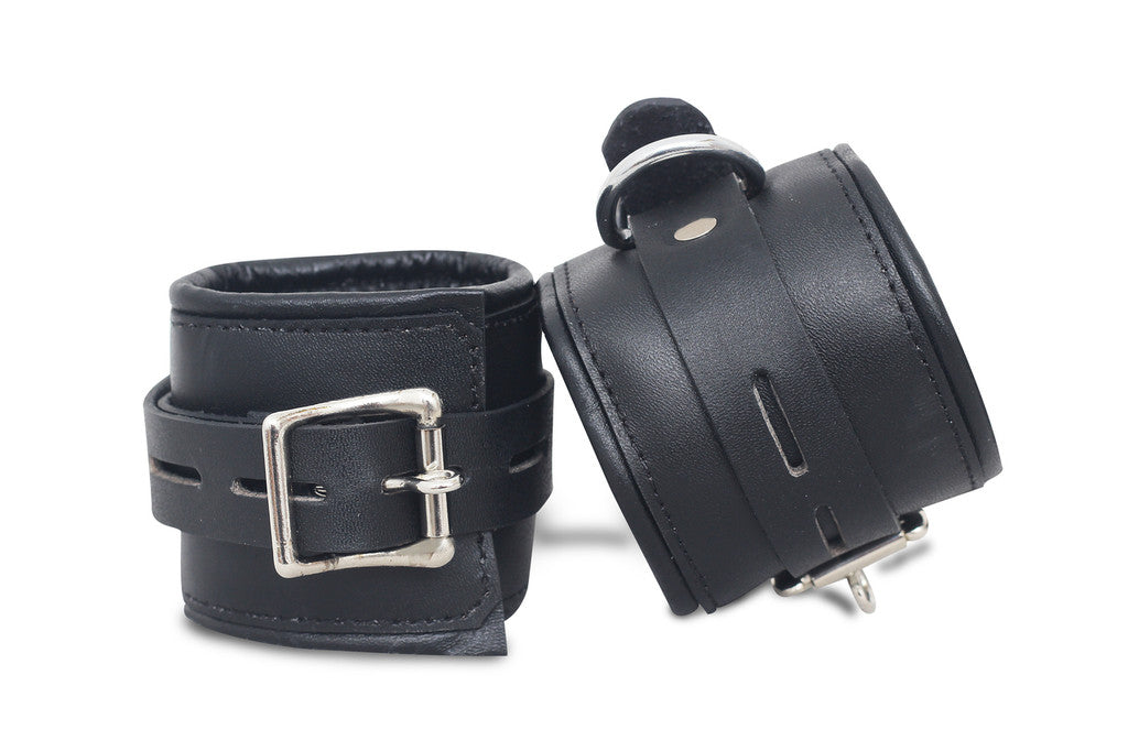 black leather bondage handcuffs, padded BDSM cuffs, adjustable leather restraints, D-ring bondage set, premium leather restraint set
