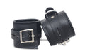 black leather bondage handcuffs, padded BDSM cuffs, adjustable leather restraints, D-ring bondage set, premium leather restraint set