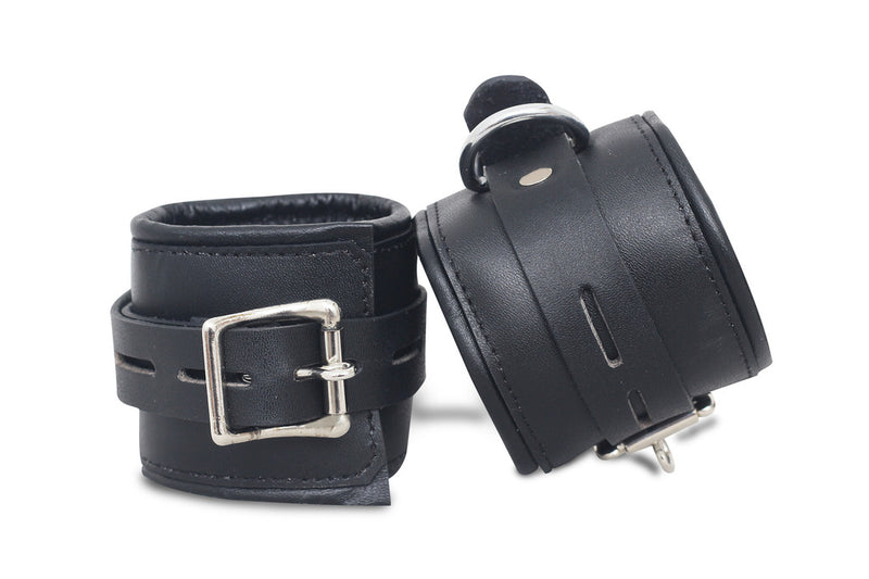 black leather bondage handcuffs, padded BDSM cuffs, adjustable leather restraints, D-ring bondage set, premium leather restraint set