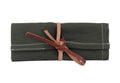 canvas tool roll, green tool wrap, leather strap tool holder, portable tool organizer, foldable tool pouch, handmade tool roll