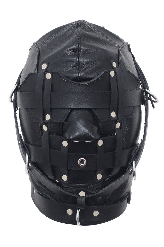 leather bondage hood, BDSM hood, adjustable leather hood