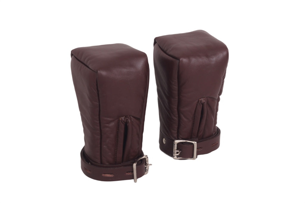 brown padded mittens, leather bondage gloves, BDSM mittens