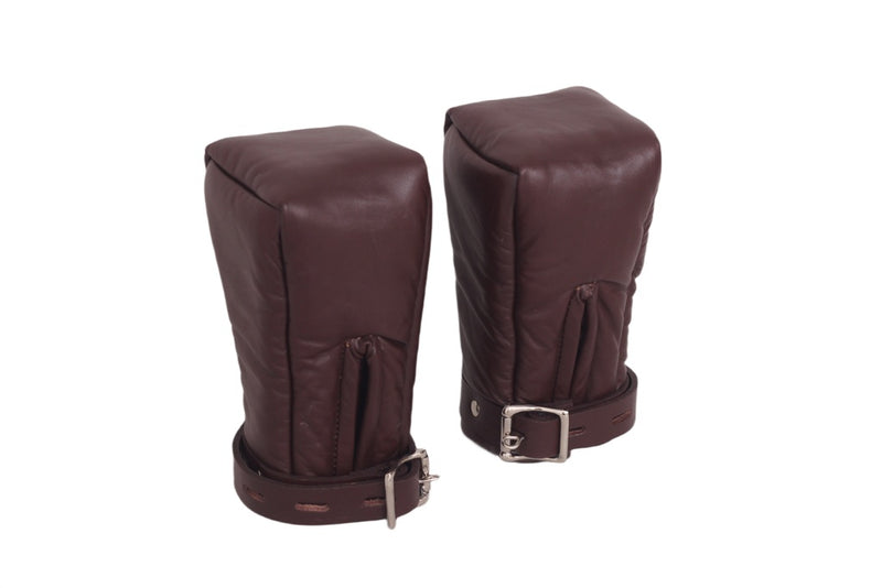brown padded mittens, leather bondage gloves, BDSM mittens
