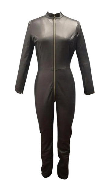 Genuine Leather Black Long Sleeve Catsuit