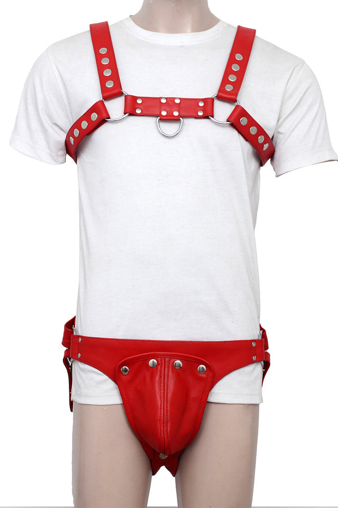 red leather harness, jockstrap harness, adjustable bondage harness, men’s leather chest harness